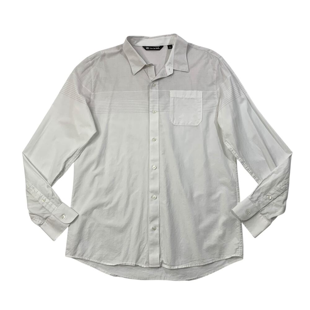 Travis Mathew Shirt Mens L Large White Grey Chest Stripe Button Up Long Sleeve
